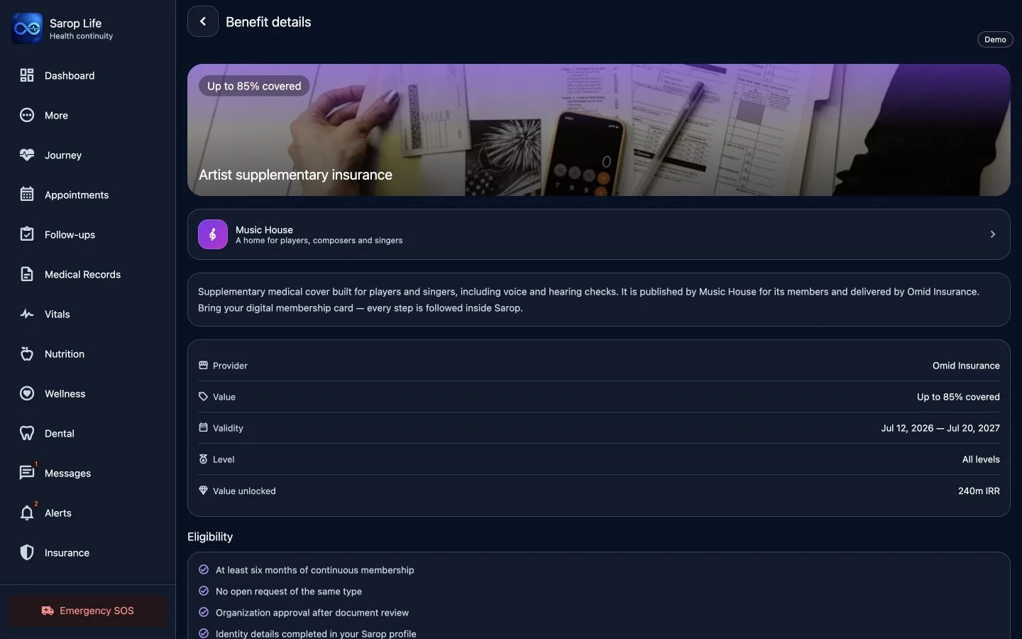 Sarop Benefit detail demo showing organization, value, validity and eligibility