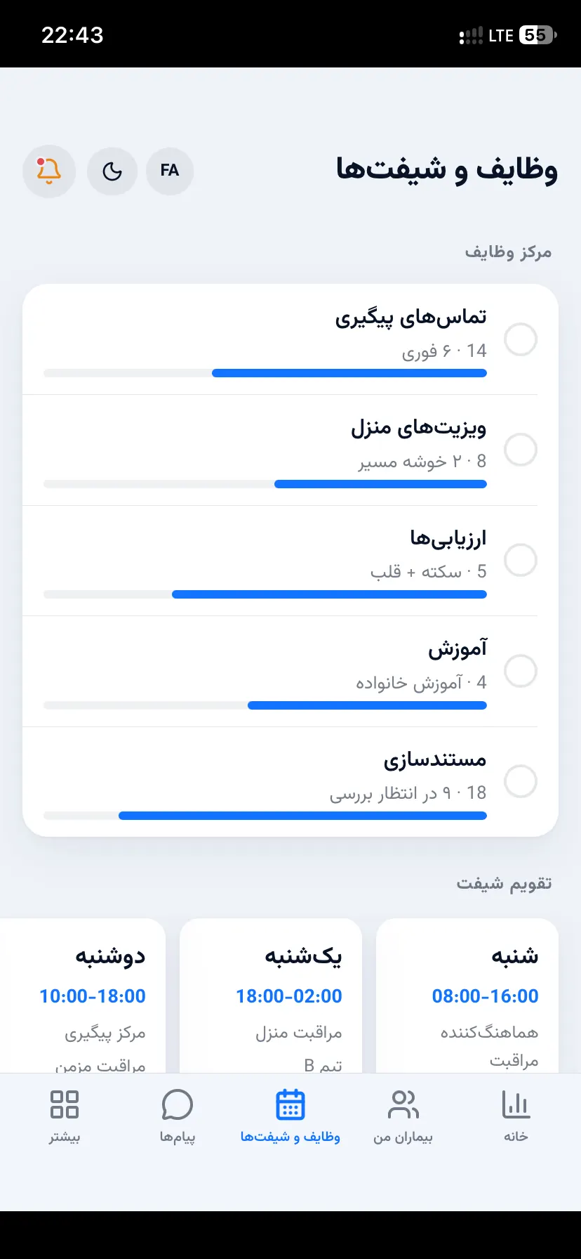 مساحة المهام والمناوبات تعرض مجموعات مهام وتقدماً وجدولاً تجريبياً
