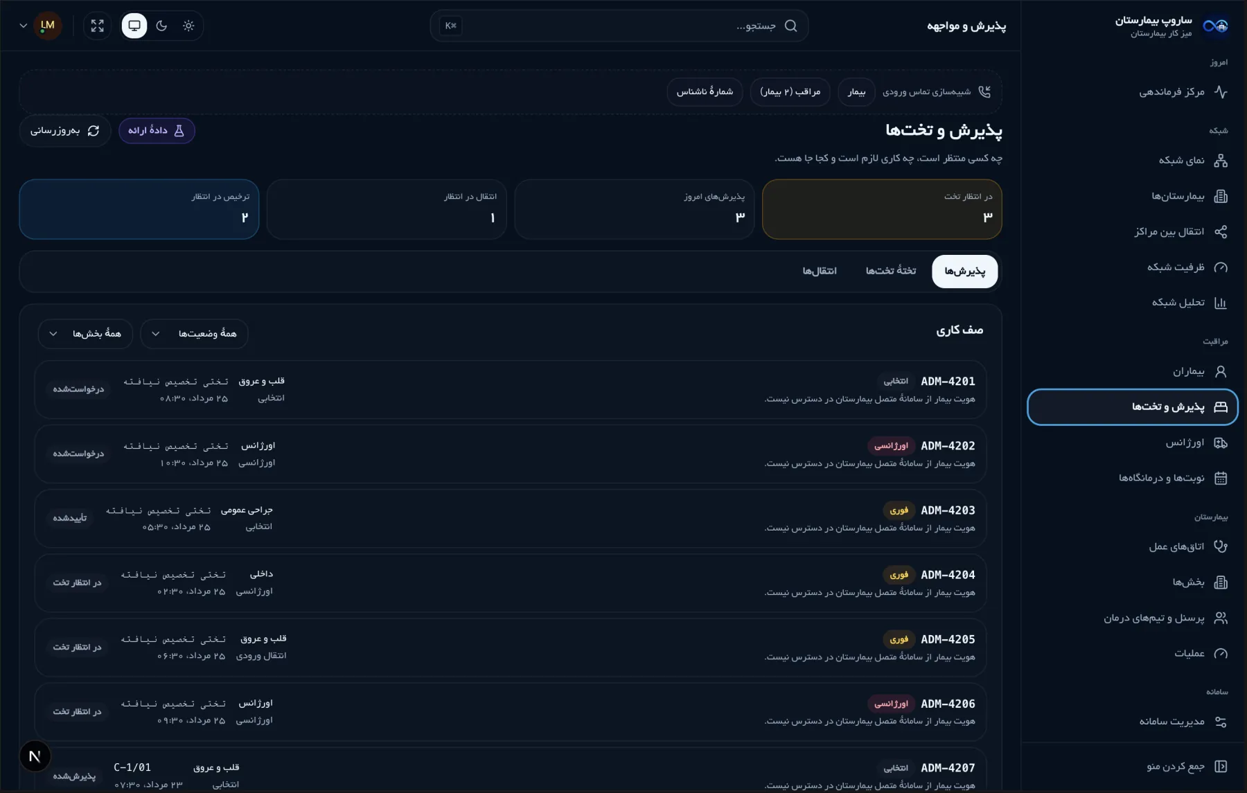 رابط نمایشی فارسی پذیرش ساروپ بیمارستان با صف عملیاتی محدود به سازمان